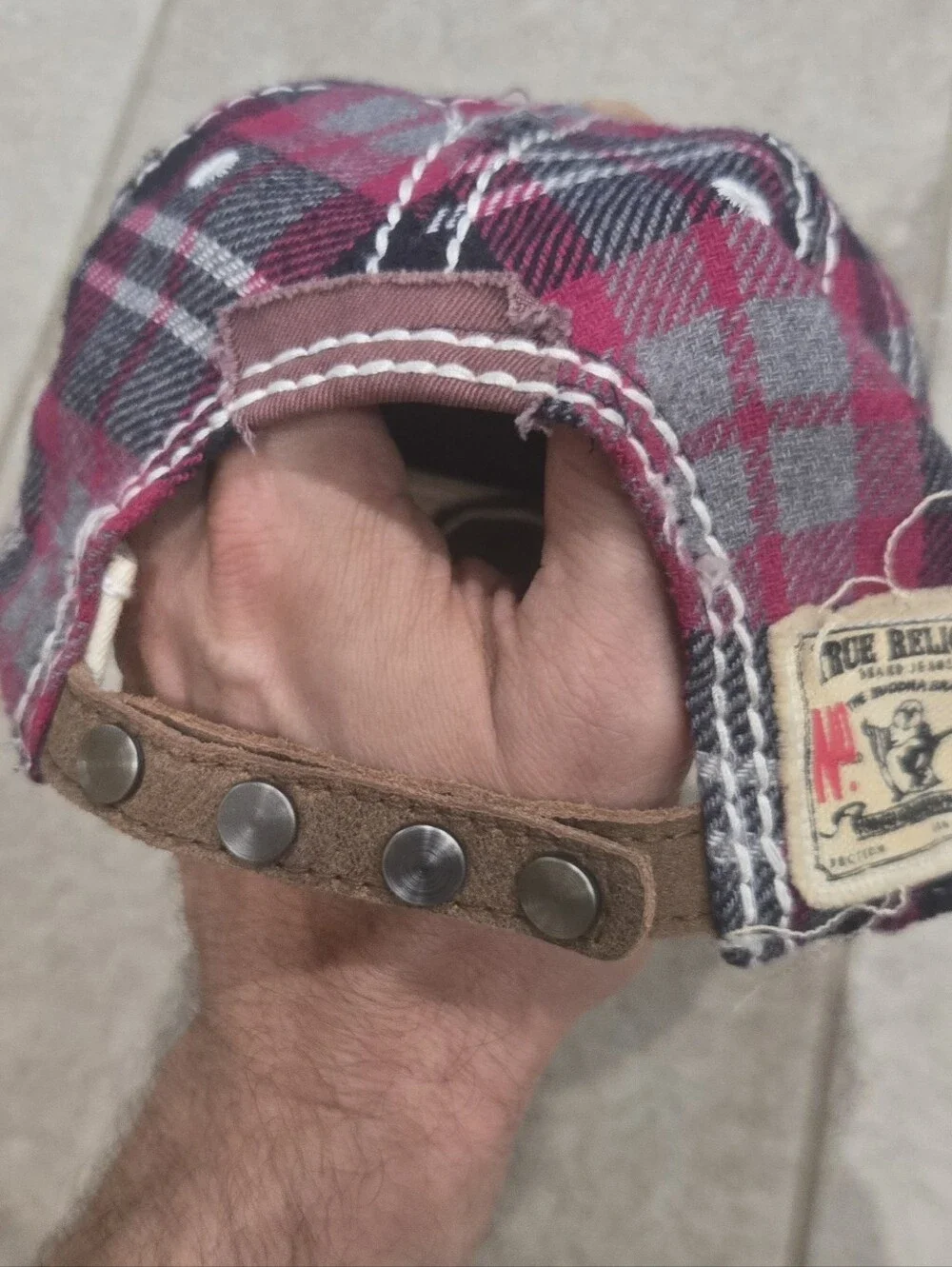 True Religion Rare Distressed Hat Pink Plaid Unisex Snapback